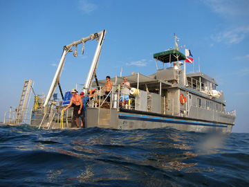 View of the stern end of R/V MANTA as seen by a diver in the water.