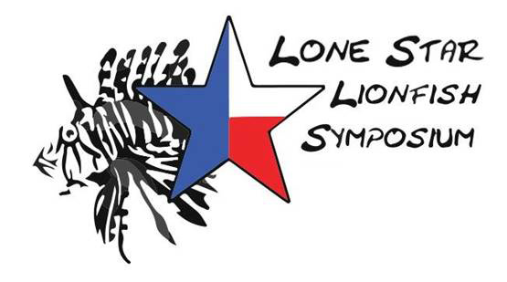 A black and white lionfish drawing overlaid by a 5 pointed star with the Texas flag colors inside. Lone Star Lionfish Symposium is written to the right of the image.