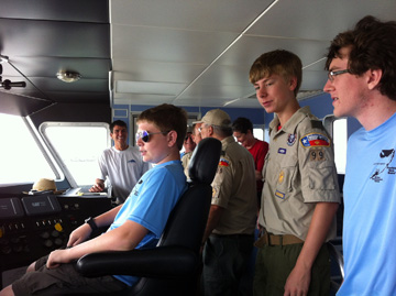 Boy scouts checking out the captain's seat on R/V MANTA