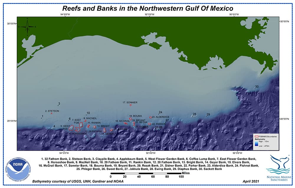 Map showing reefs and banks of the northwestern Gulf of Mexico with boundaries showing which are part of the sanctuary
