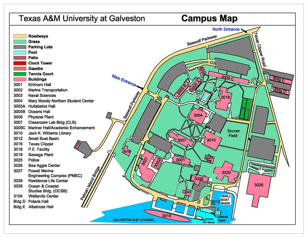 Map of the Texas A&M Galveston campus