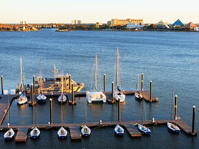 Boats lined up at the docks behind Sea Star Base Galveston