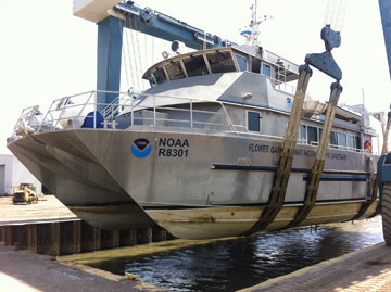 R/V Manta being hoisted out of the water