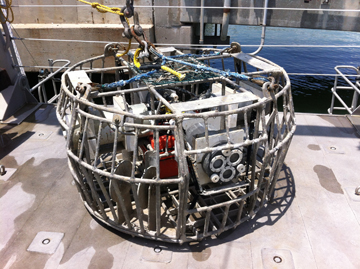 A large, round metal framed cage with several cameras inside.