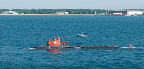Navy submarine NR-1 under tow behind the support vessel Carolyn Chouest.