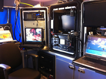 Displays and equipment set up on counter tops inside R/V MANTA