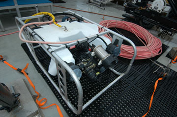 Remotely Operated Vehicle on sitting on the deck of a boat.