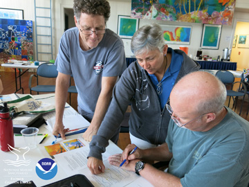 Two teachers and the instructor looking at graphs showing sea surface temperature on various coral reefs