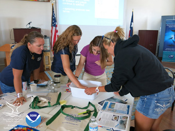 Teachers gathered around a small plastic tub in which they are simulating coral recruitment