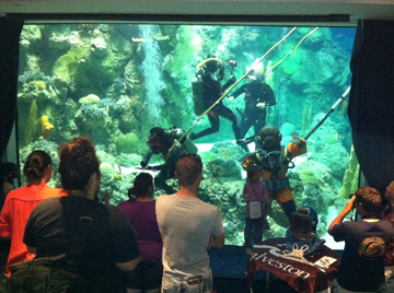 Divers in helmeted diving suits doing a demonstration in the Caribbean exhibit at Moody Gardens.