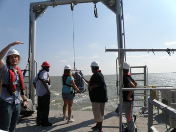 Students launching a CTD carousel from R/V MANTA