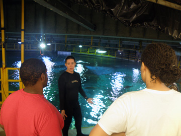 Two students looking out at the topside of the Caribbean exhibit at Moody Gardens as a staff person talks about it.