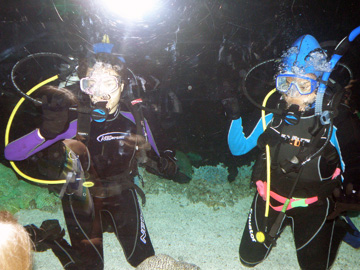Two divers in the Caribbean exhibit at Mooyd Gardens looking out at the guests.
