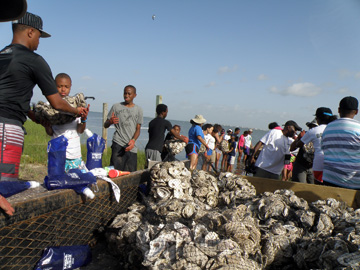 Students passing bags of oyster shell from one to the next to load them on a boat.