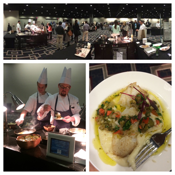 Three picture collage: A view of the celebrity cookoff area at the summit (top), a plated lionfish dish (bottom right), two chefs cooking and plating a lionfish dish (bottom left)