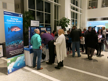 Kelly talking to visitors to the sanctuary display in the Visitor Center of Moody Gardens
