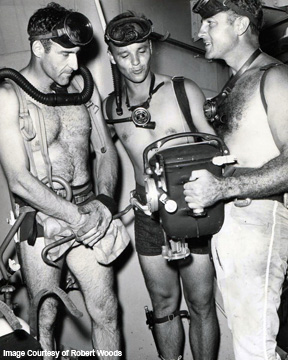 Divers on deck ready to dive at the Flower Garden Banks in 1960