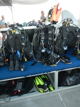 Dive gear lined up on R/V MANTA dive bench