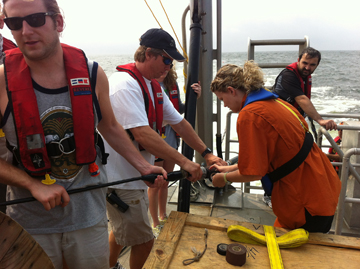 Students deploying a piece of equipment from the deck of R/V MANTA