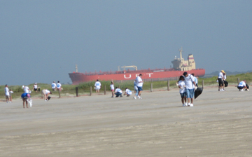People cleaning a beach with a ship passing by in the background.