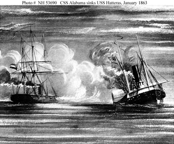 Black and white sketch of the battle between USS Hatteras and CSS Alabama