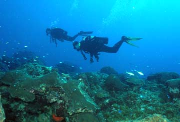 Two scuba divers swimming from right to left above a coral reef.  Trails of bubbles rise behind the head of each diver and trail off toward the upper right.