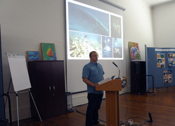 Fritz Hanselmann giving a presentation about the Monterrey shipwrecks