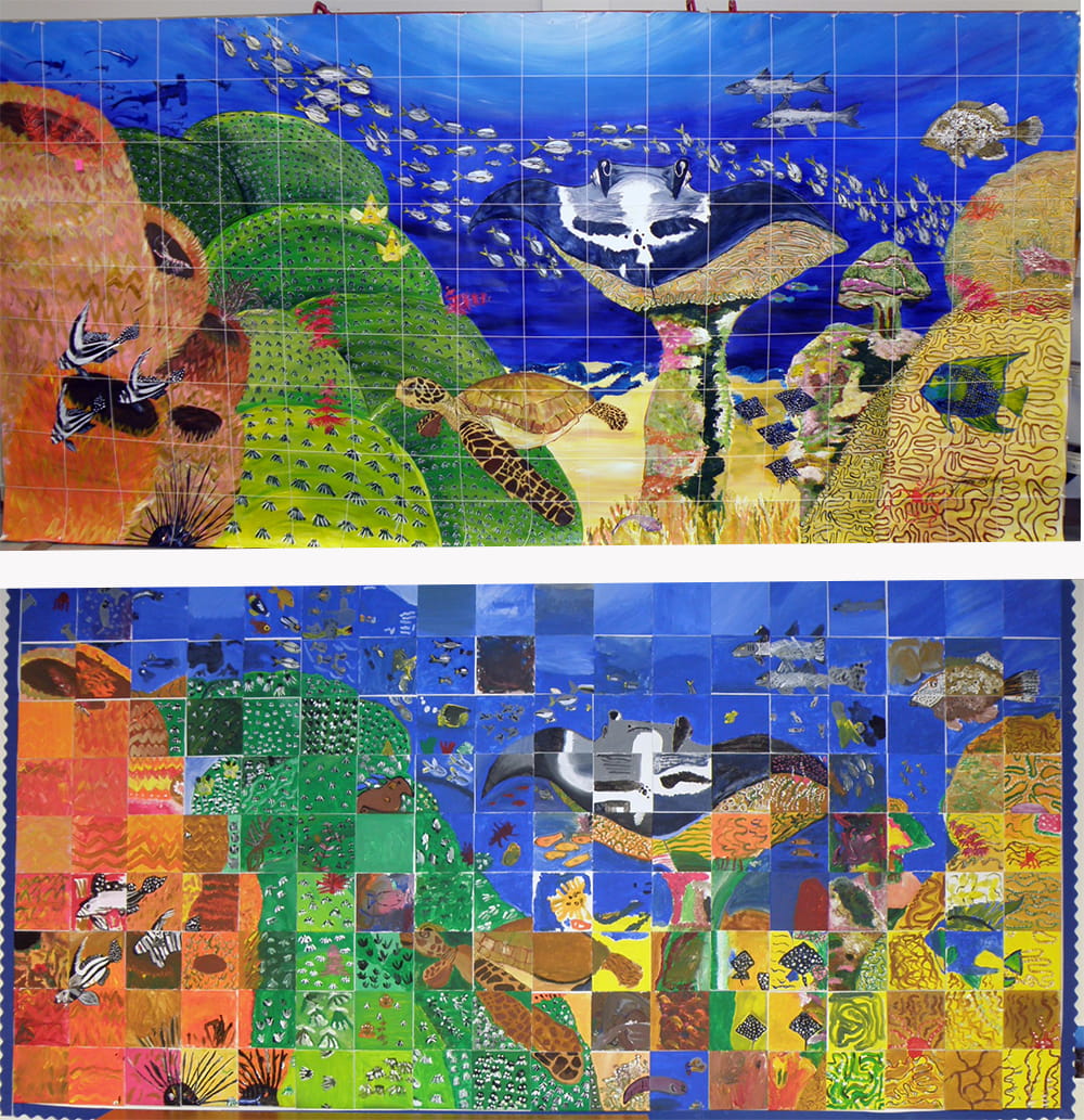 Jacqui's original coral reef mural overlayed with string dividing the mural into squares (above) and the visitor created version of the mural created one square at a time (below).