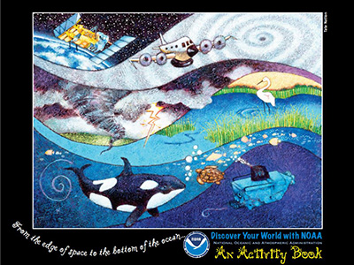 Cover image of activity book showing wavy layers with a satellite, a space shuttle, a tornado, a heron in a marsh, an orca, a sea turtle, some fish, and a submersible