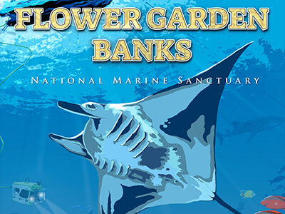 Top third of a graphic poster showcasing Flower Garden Banks National Marine Sanctuary