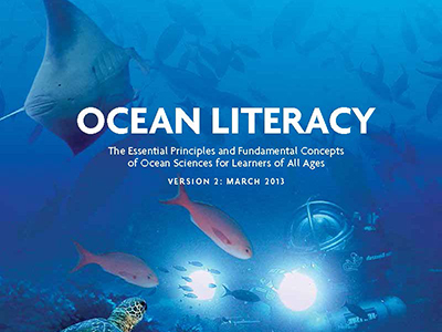 The words Ocean Literacy: The Essential Principles and Fundamental Concepts of Ocean Sciences for Learners of All Ages on a background of an ocean scene with a manta ray, colorful fish, a sea turlte and a submersible.