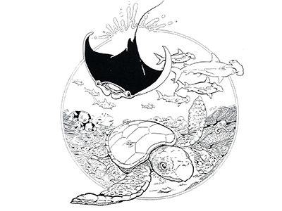 Black & white line drawing of reef creatures within a circle with water droplets splashing out the top