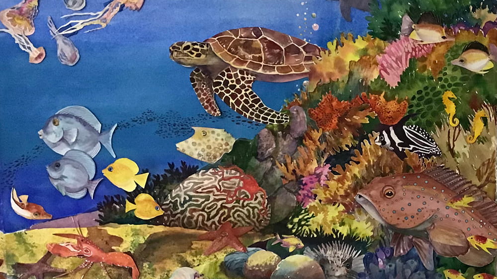 Colorful painting of a coral reef, including corals, fish, jellyfish, a sea turtle, sea stars, a lobster, sponges, and algae.