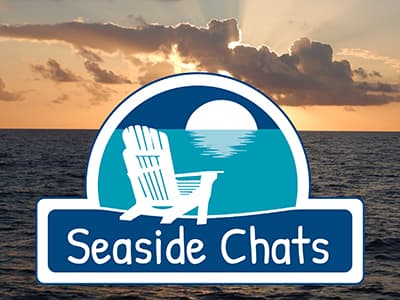 Seaside Chats graphic overlaid on a sunset over the ocean