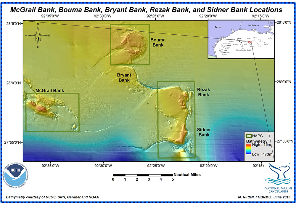 Color bathymetric map of Bouma, Bryant, Rezak and Sidner Banks