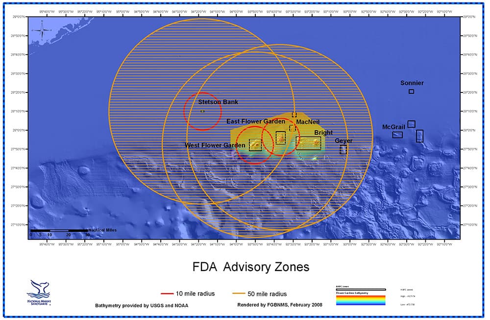 Map showing FDA advisory zones for ciguatera toxin in fish in the vicinity of the Flower Garden Banks