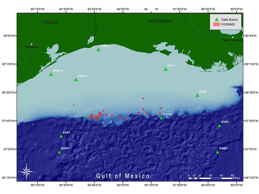 Map showing locations of various data buoys near the sanctuary