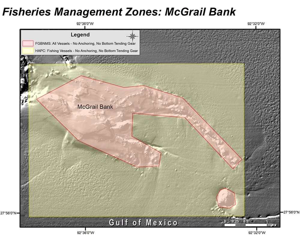 Map showing the Coral Habitat Areas of Particular Concern (HAPCs) and sanctuary boundaries at McGrail Bank