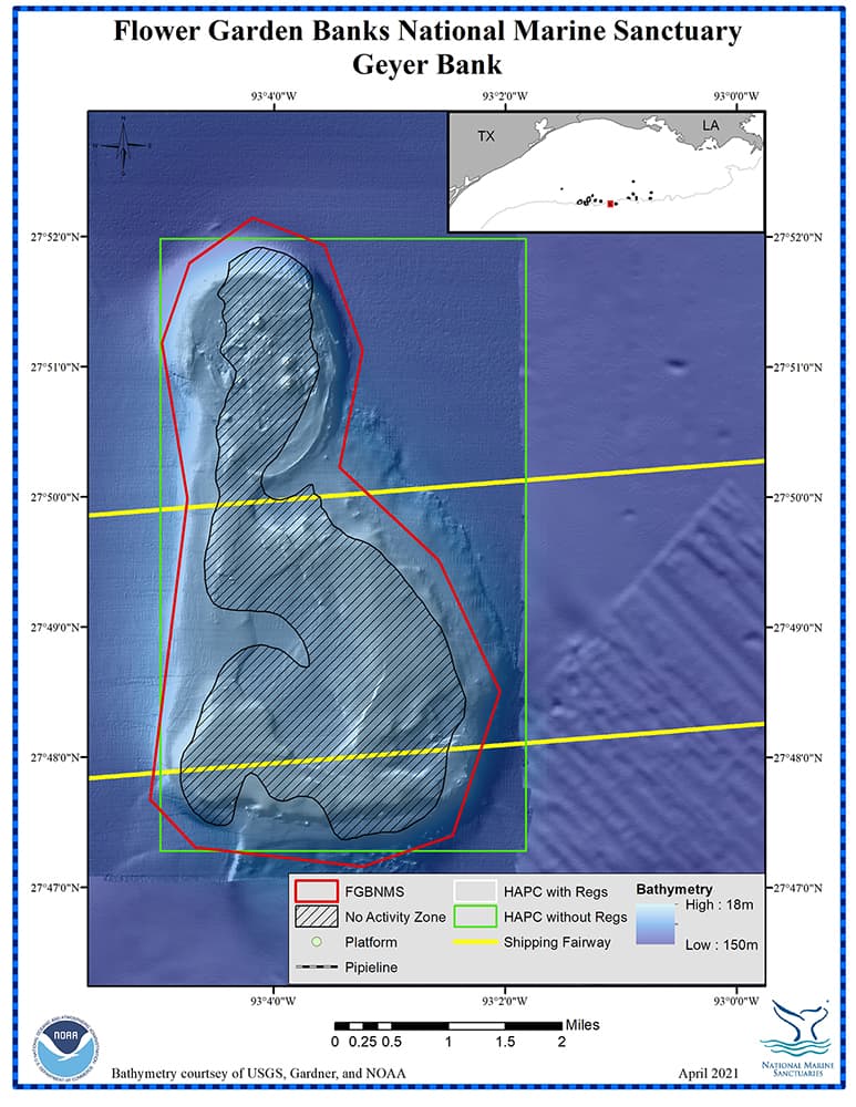 Bathymetric map of Geyer Bank showing the sanctuary boundary, as well as other relevant management zones and infrastructure.