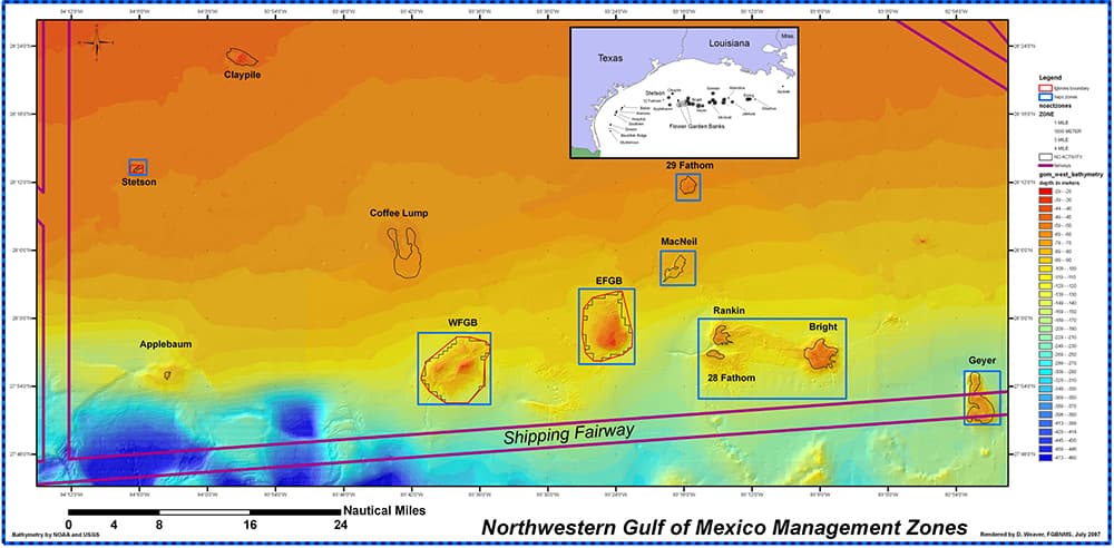 Map showing sanctuary boundaries, HAPC zones, and no activity zones from Stetson Bank east to Geyer Bank.