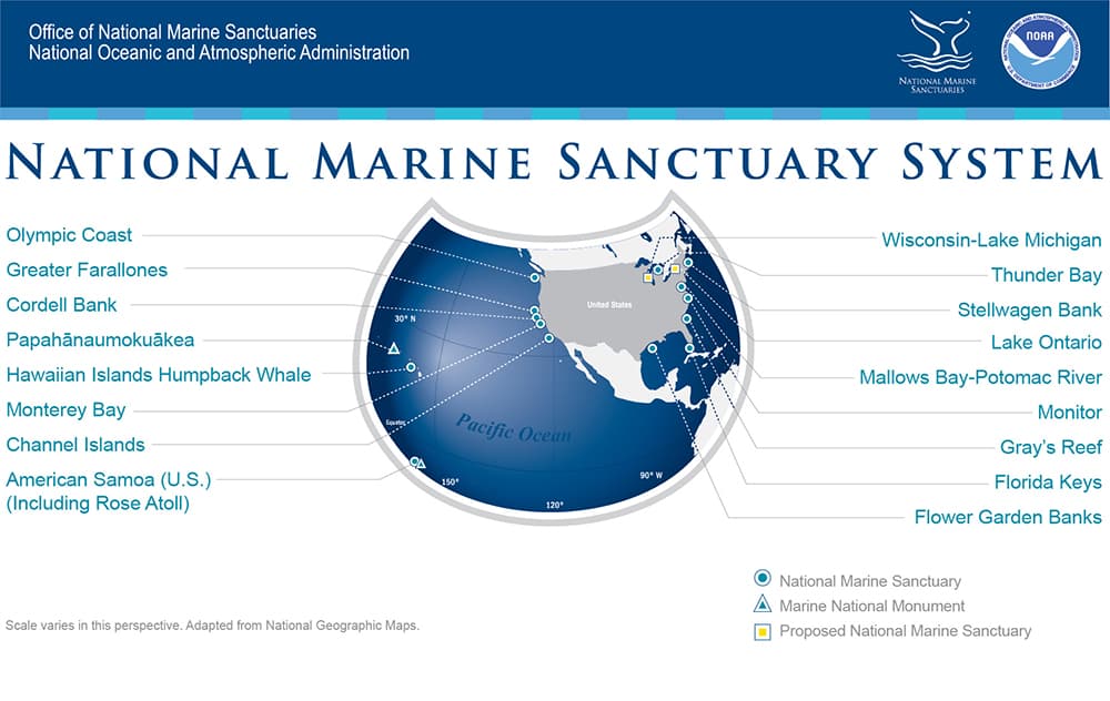 Map showing location of all 15 sites in the National Marine Sanctuary System.  Includes North America and the tropical Pacific.