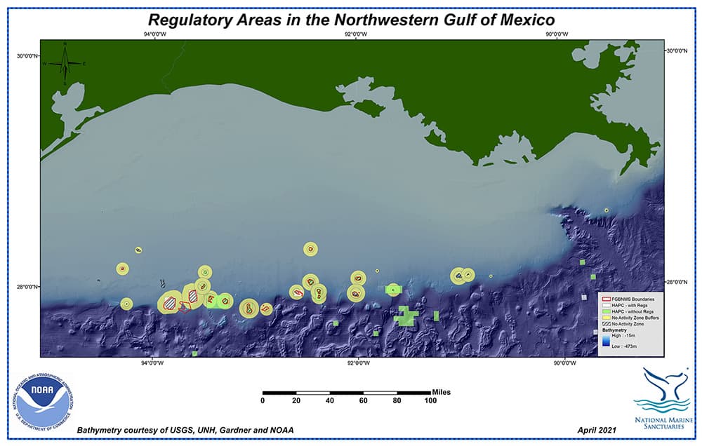Map of northwestern Gulf of Mexico showing HAPCs, Coral HAPCs, No Activity Zones (NAZ), NAZ Buffer Zones, and sanctuary boundaries