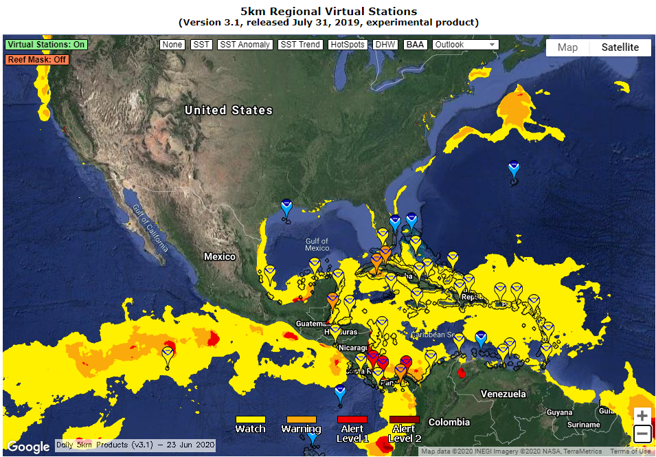 A map of the Gulf of Mexico and Caribbean with remote sensing locations marked and overlayed colors showing bleaching watch, warning, and alert levels based on sea surface temperatures in the region