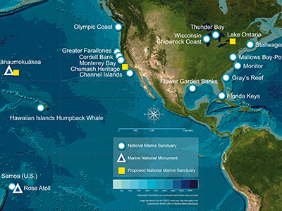 Satellite map of North and South America, and Atlantic and Pacific Oceans, showing the location of sites in the National Marine Sanctuary system