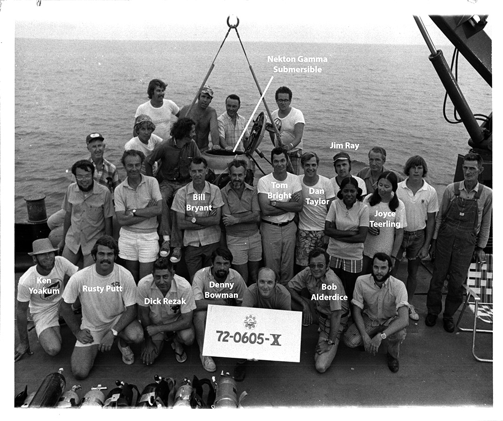 Researchers on the deck of a ship in the Gulf of Mexico in 1972