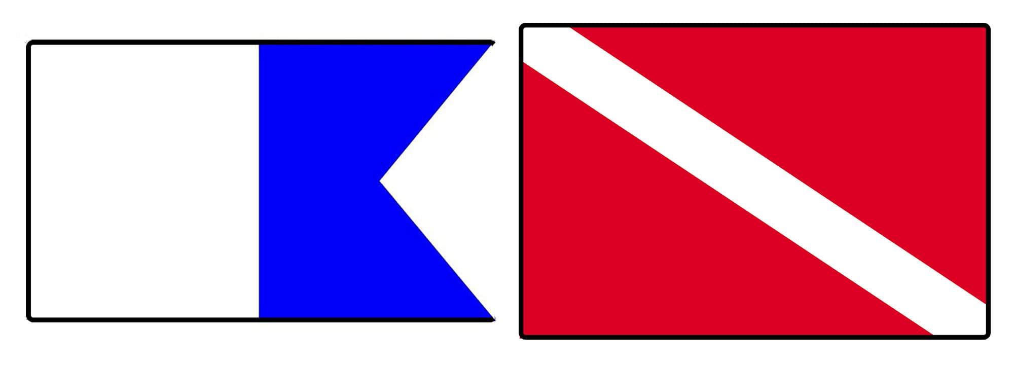 Blue and white alpha dive flag to the left of a red and white sport diver flag