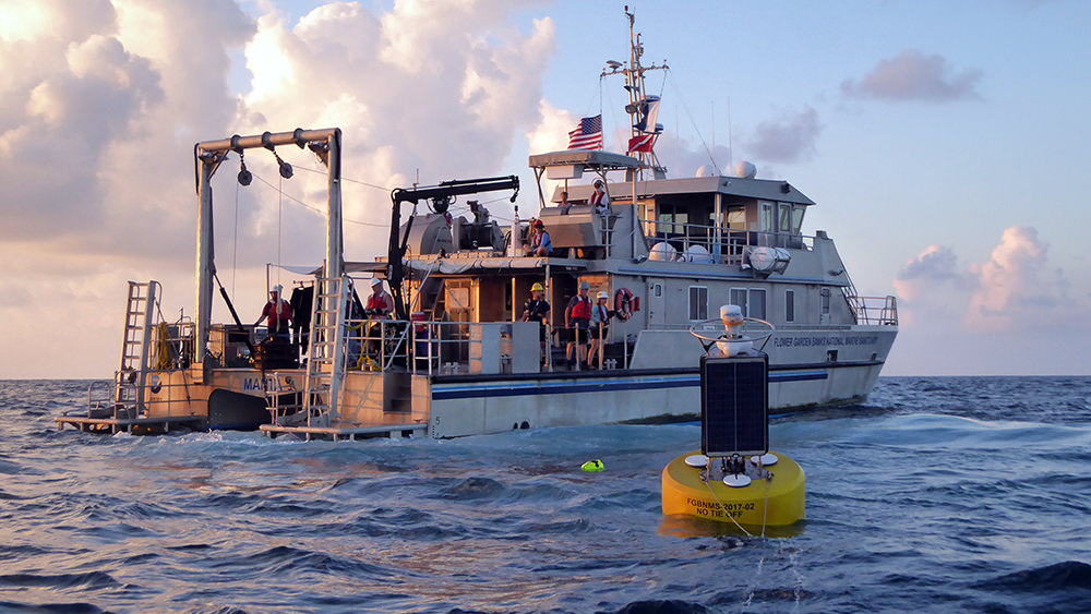Research vessel at sea with a black and yellow buoy in the foreground