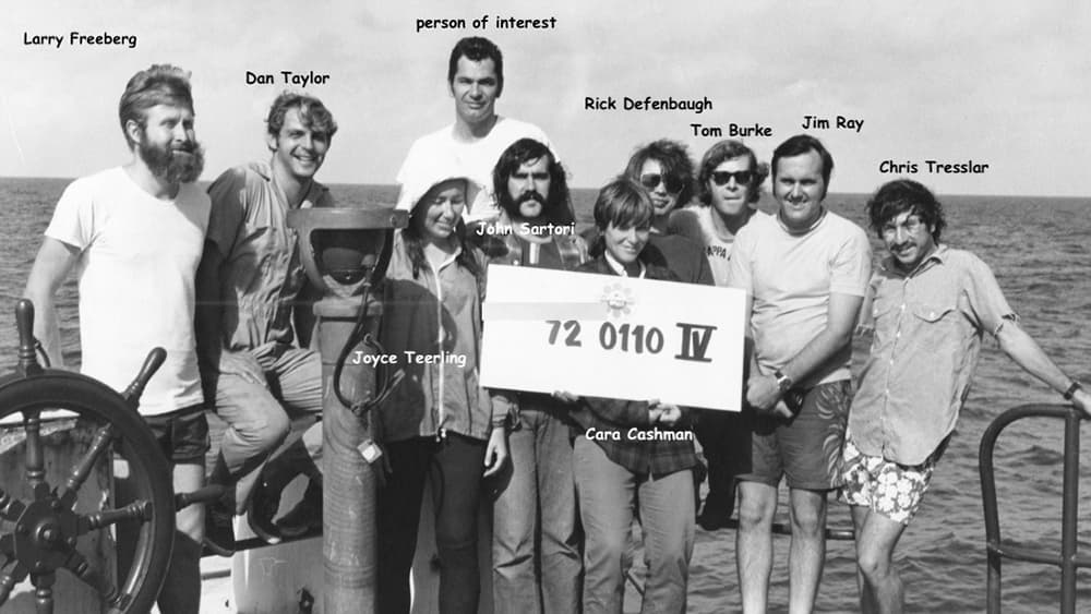 A black and white image of a group of people on the deck of a ship holding a sign that reads 72-0110-IV. Names for each of the people have been added to the image.