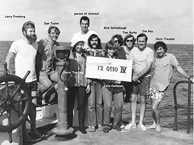 Black and white image of researchers on a boat in the 1972, with name labels for each