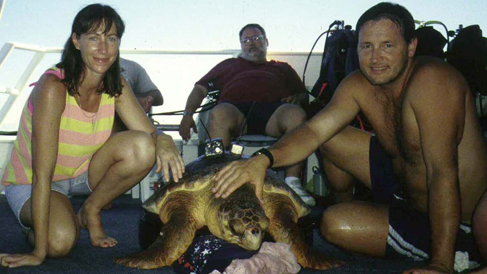 Steve Gittings and two other people on the deck of a boat with a loggerhead turtle wearing a transmitter.